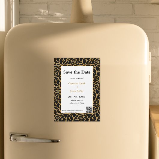 Invitation Magnétique Élégant Enregistrer La Date Black & Gold Foliage O