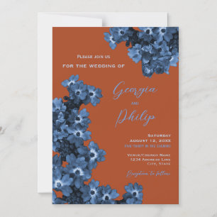 Invitation Magnétique Élégant Mariage en terre cuite et fleurs bleues