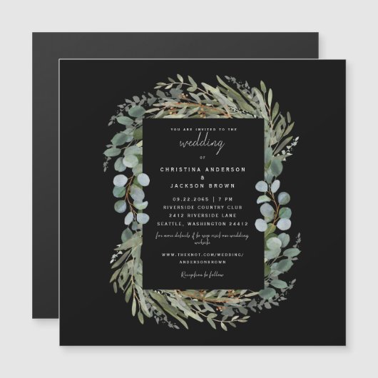 Invitation Magnétique Élégant Mariage noir Eucalyptus (Devant / Derrière)