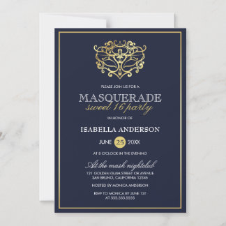 Invitation Magnétique Elégant Marine Bleu & Or Masquerade Sweet 16 Party