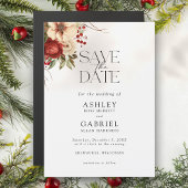 Invitation Magnétique Élégant Noël Rouge Damas Floral Enregistrer la dat