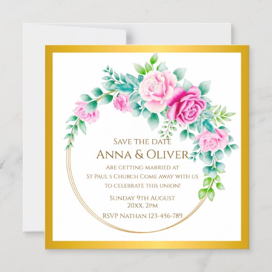 Invitation Magnétique Élégant rose Roses Gold Wreath Enregistrer la date (Recto)