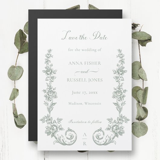 Invitation Magnétique Elegant Sage Baroque Roses Save the Date