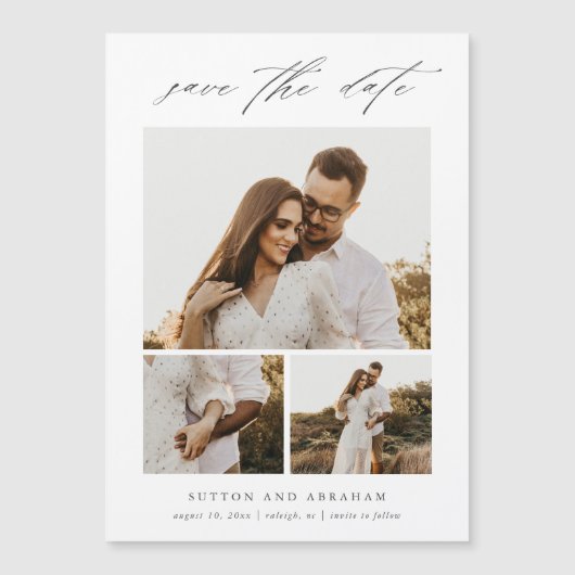 Invitation Magnétique Élégant Script 3 Photo Collage Enregistrer La Dat (Devant)