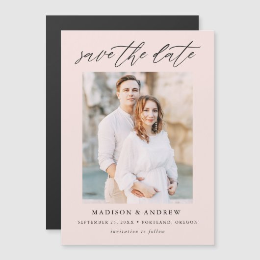 Invitation Magnétique Élégant Script Blush Photo Enregistrer la date (Devant / Derrière)