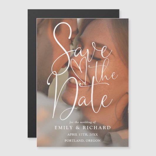 Invitation Magnétique Élégant Script Moderne Mariage Photo Enregistrer L (Devant / Derrière)