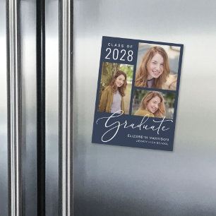 Invitation Magnétique Élégant Script Photo Blue Graduation