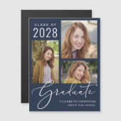 Invitation Magnétique Élégant Script Photo Blue Graduation (Devant / Derrière)