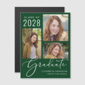 Invitation Magnétique Élégant Script photo Green Graduation (Devant / Derrière)