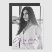 Invitation Magnétique Élégant script violet photo Graduation (Devant / Derrière)
