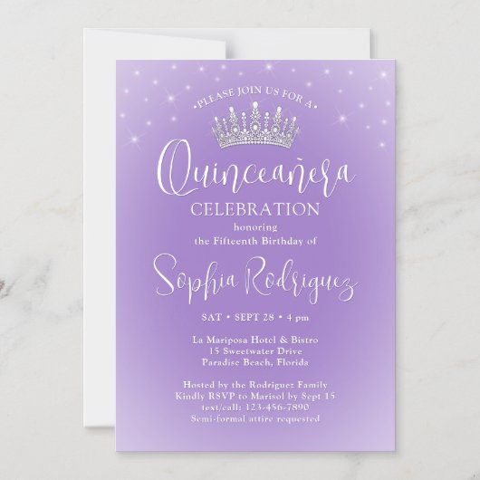 Invitation Magnétique Elegant Sparkles Quinceañera Crown Lilac Purple (Recto)