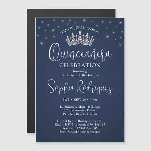 Invitation Magnétique Elegant Sparkles Quinceañera Crown Navy Blue (Devant / Derrière)