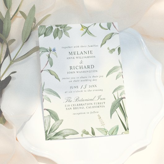 Invitation Magnétique Élégant Vert & Blanc Botanique Feuille Mariage
