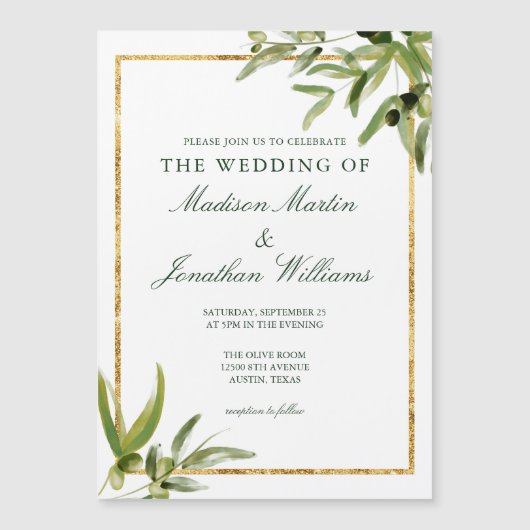 Invitation Magnétique Elégant Vin Botanique Vert Vert Vert Or Mariage (Devant)