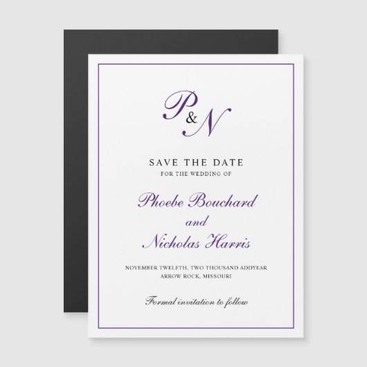 Invitation Magnétique Élégant violet monogramme mariage Enregistrer la d (Devant / Derrière)
