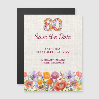 Invitation Magnétique Elegant Wildflower 80th Birthday Save the Date