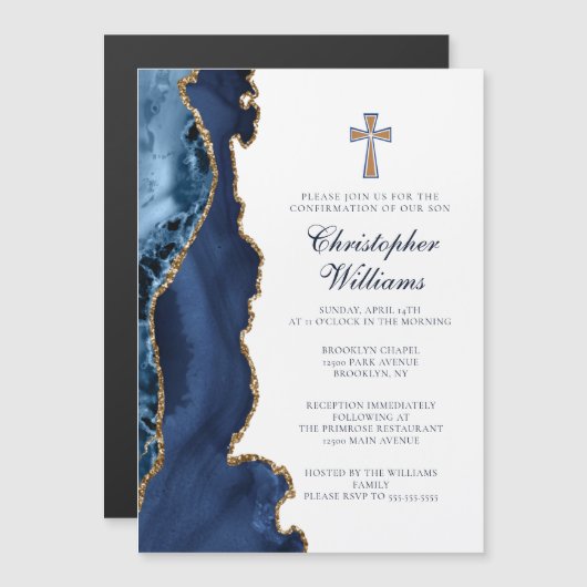 Invitation Magnétique Élégante confirmation Marine Blue Gold Agate (Devant / Derrière)