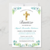 Invitation Magnétique Elegante Cruz y Flores Para Niño Bautizo (Recto)