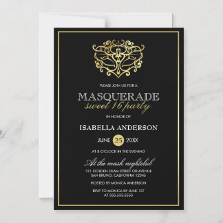 Invitation Magnétique Elégante Gold & Black Masquerade Sweet 16 Party