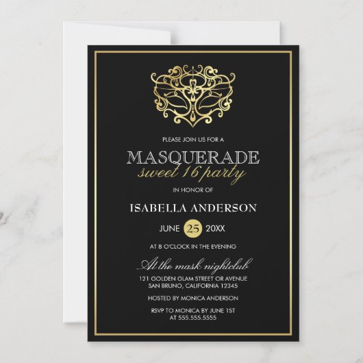 Invitation Magnétique Elégante Gold & Black Masquerade Sweet 16 Party (Recto)