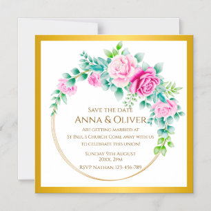 Invitation Magnétique Élégantes Roses Roses Fleurs Couronne Or Sauvegard