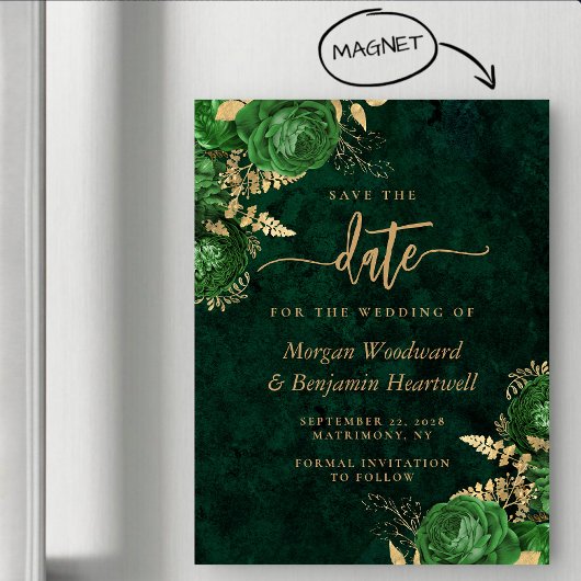 Invitation Magnétique Emerald Green Gold Floral Wedding Save the Date