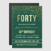 Invitation Magnétique Émeraude | Gold Confetti 40e fête d'anniversaire (Devant / Derrière)