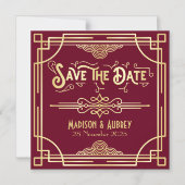 Invitation Magnétique Enregistrer la date Art Déco Gatsby Gold Burgundy (Recto)