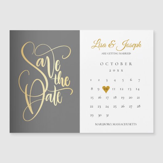 Invitation Magnétique Enregistrer la date Calendrier Gold Love Heart (Devant)