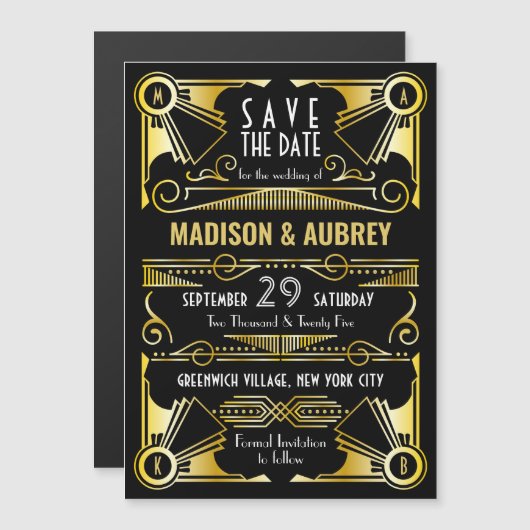 Invitation Magnétique Enregistrer la date Gatsby Mariage Art Déco Gold B (Devant / Derrière)