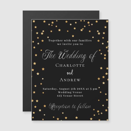 Invitation Magnétique étoiles d'or noir mariage élégant script luxe (Devant / Derrière)