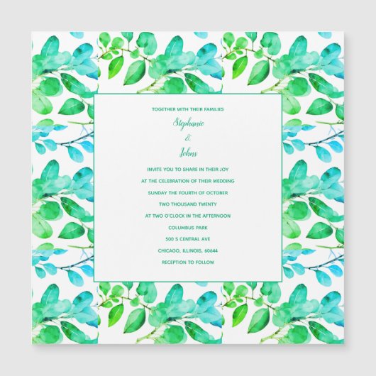 Invitation Magnétique Eucalyptus Leaf Art Green Turquoise Dusty Blue Mar (Devant)