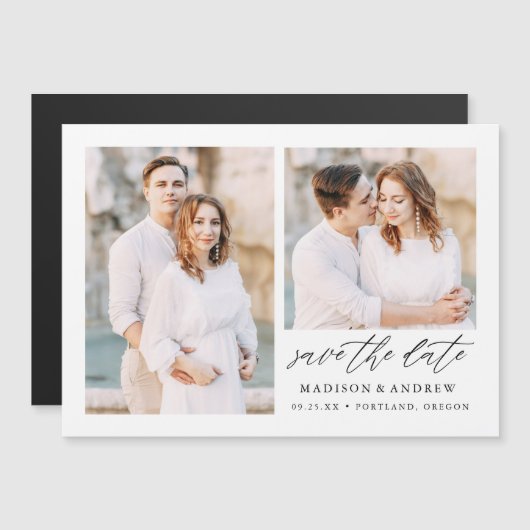 Invitation Magnétique Faire part de date de mariage Elegant Script 2 Pho (Devant / Derrière)