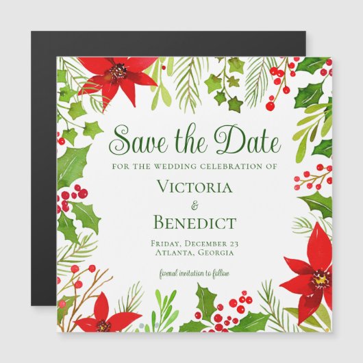 Invitation Magnétique Festive Green Botanical Holiday Enregistrer la dat (Devant / Derrière)