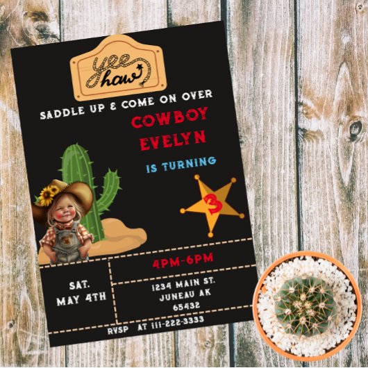 Invitation Magnétique Fête Cowboy Cactus Anniversaire Fille