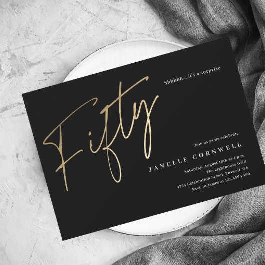 Invitation Magnétique Fête d'anniversaire 50 ans Minimal Script Noir Or