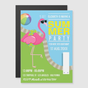 Invitation Magnétique Fête d'anniversaire au bord de la piscine au flama
