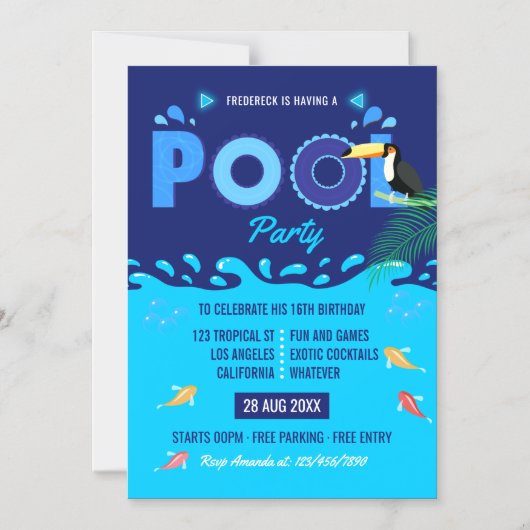 Invitation Magnétique Fête d'anniversaire estivale piscine Bleu Royal (Recto)