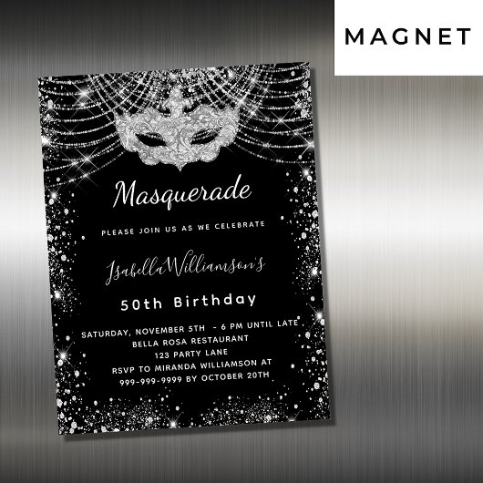 Invitation Magnétique Fête d'anniversaire Masquerade en argent noir