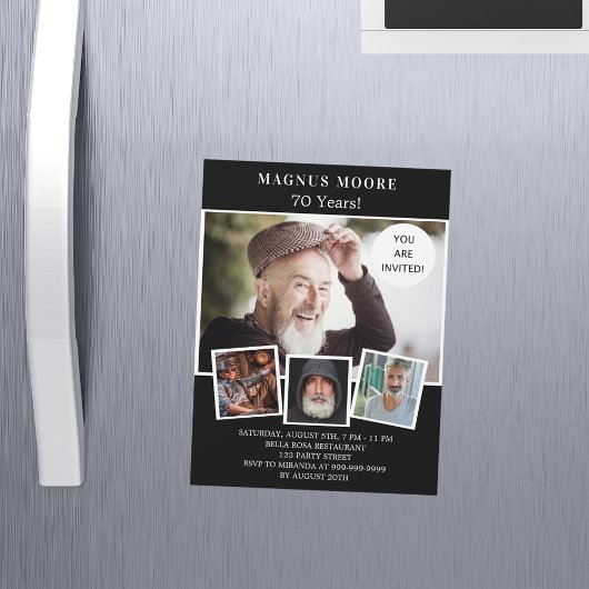 Invitation Magnétique fête d'anniversaire noir blanc photo collage luxe