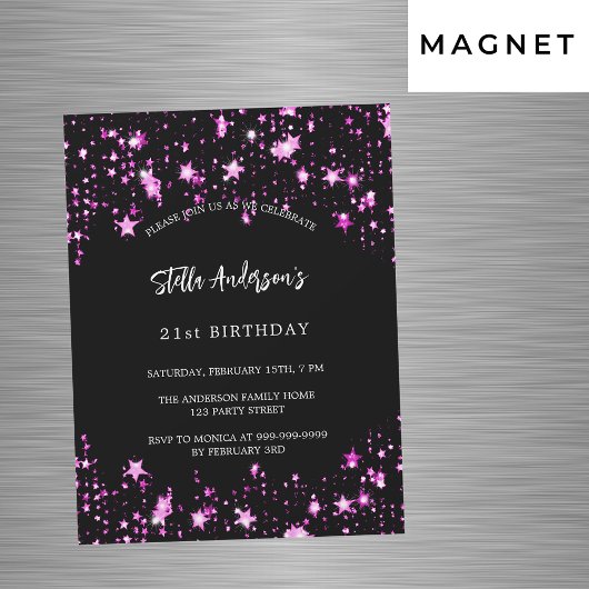 Invitation Magnétique fête d'anniversaire noir rose étoiles luxe