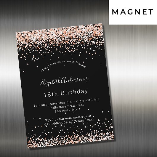 Invitation Magnétique fête d'anniversaire rose noir or parties scintilla