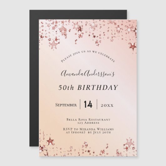 Invitation Magnétique Fête d'anniversaire rose or rousse rose étoiles mo (Devant / Derrière)