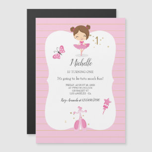Invitation Magnétique Fête de ballerine de 1er anniversaire rose et or