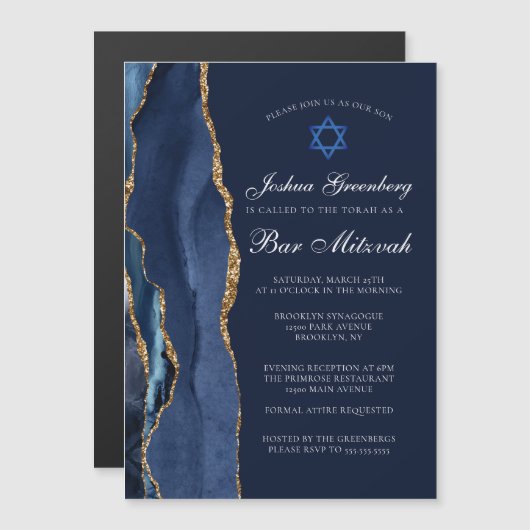 Invitation Magnétique Fête de Bar Mitzvah chic bleu foncé or avec agate (Devant / Derrière)