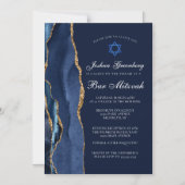 Invitation Magnétique Fête de Bar Mitzvah chic bleu foncé or avec agate (Recto)