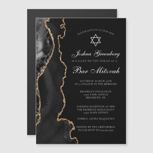 Invitation Magnétique Fête de Bar Mitzvah chic en or noir Agate (Devant / Derrière)