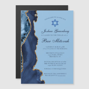 Invitation Magnétique Fête de Bar Mitzvah en agate dorée bleue moderne