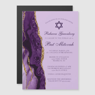 Invitation Magnétique Fête de Bat Mitzvah Paillettes Or Violet