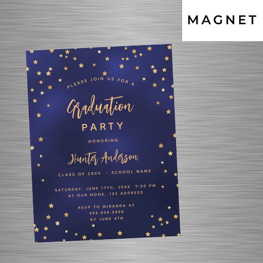 Invitation Magnétique Fête de graduation marine bleu or étoiles luxe